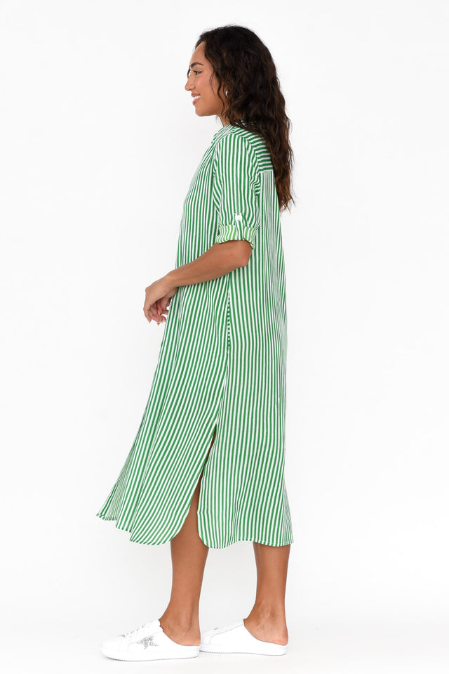 Vivien Green Stripe Cotton Blend Shirt Dress