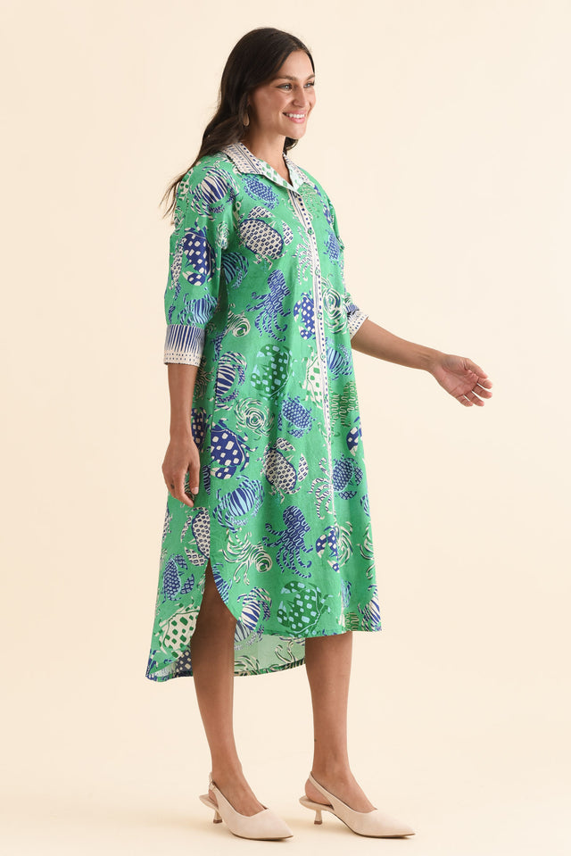 Vossie Green Coastal Cotton Poplin Dress,Side,Brunette model,alt text|model:Brontie image 3