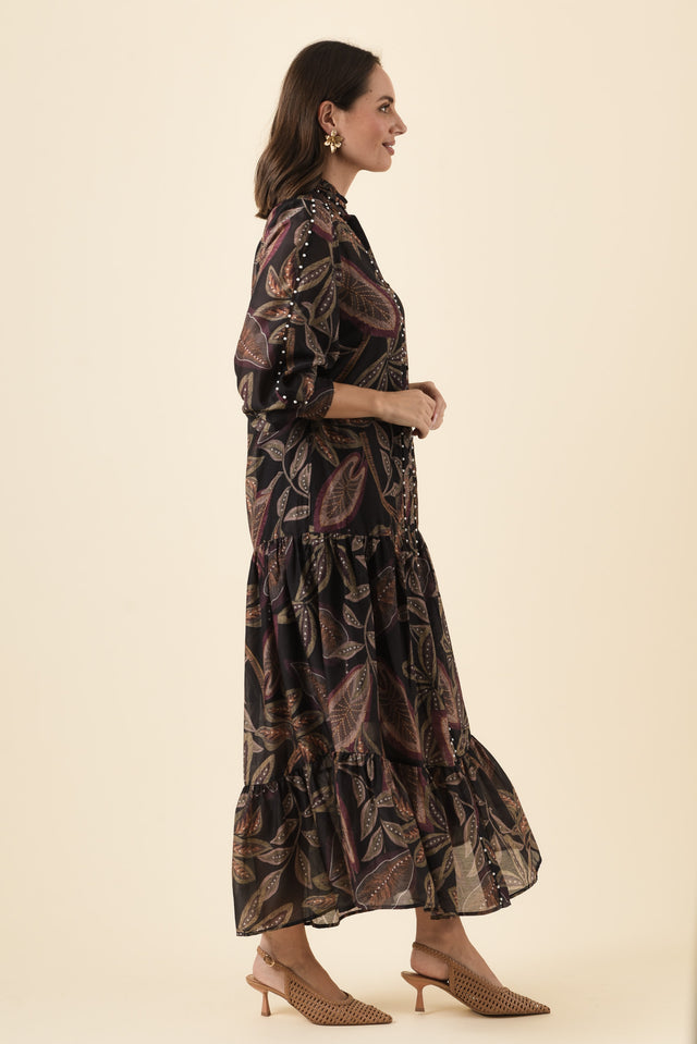Wanderlust Dark Tropique Cotton Silk Pearl Dress,Brunette model,alt text|model:MJ image 3
