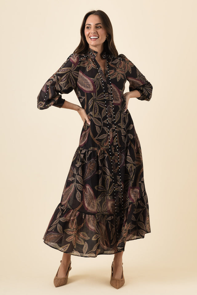 Wanderlust Dark Tropique Cotton Silk Pearl Dress,Brunette model,alt text|model:MJ image 6