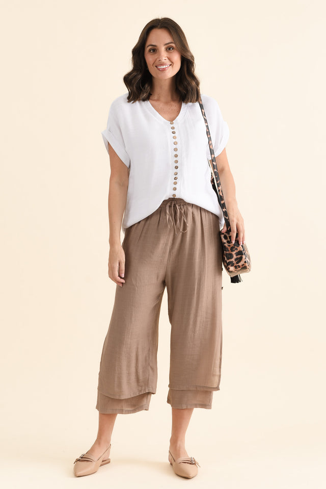 Watson Mocha Cotton Blend Layered Pants,brunette model,Full Outfit,alt text|model:MJ image 2