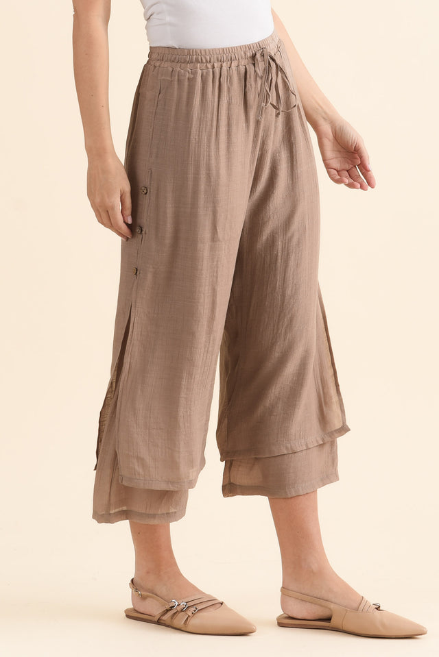 Watson Mocha Cotton Blend Layered Pants,brunette model,Side of Outfit,alt text|model:MJ image 3