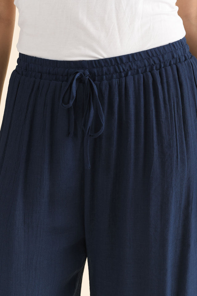 Watson Navy Cotton Blend Layered Pants,brunette model,Close up of outfit,alt text|model:MJ image 5