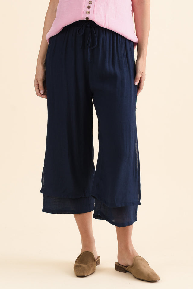 Watson Navy Cotton Blend Layered Pants,brunette model,Front of Outfit,alt text|model:MJ image 1