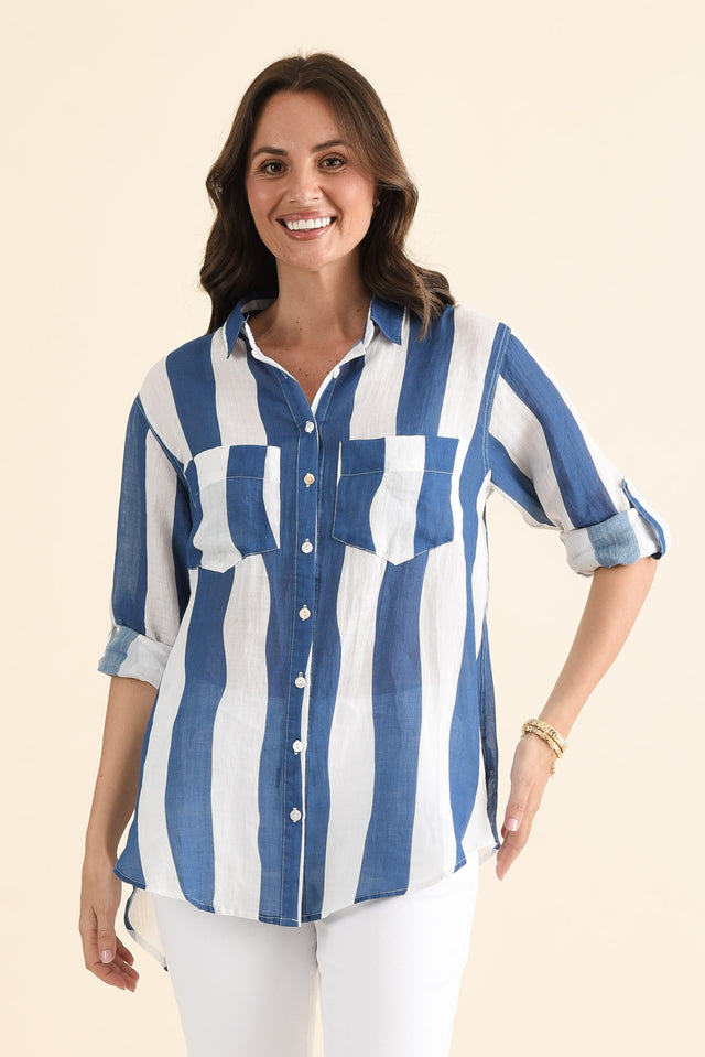 Wellington Blue Stripe Linen Shirt,brunette model,Front of Outfit,alt text|model:MJ image 1