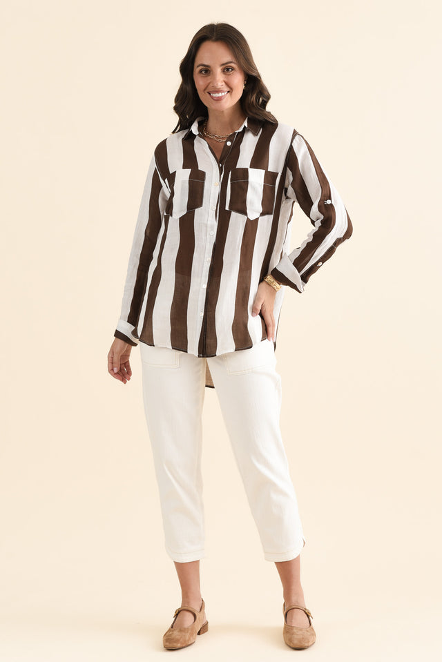Wellington Chocolate Stripe Linen Shirt,brunette model,Full Outfit,alt text|model:MJ image 2