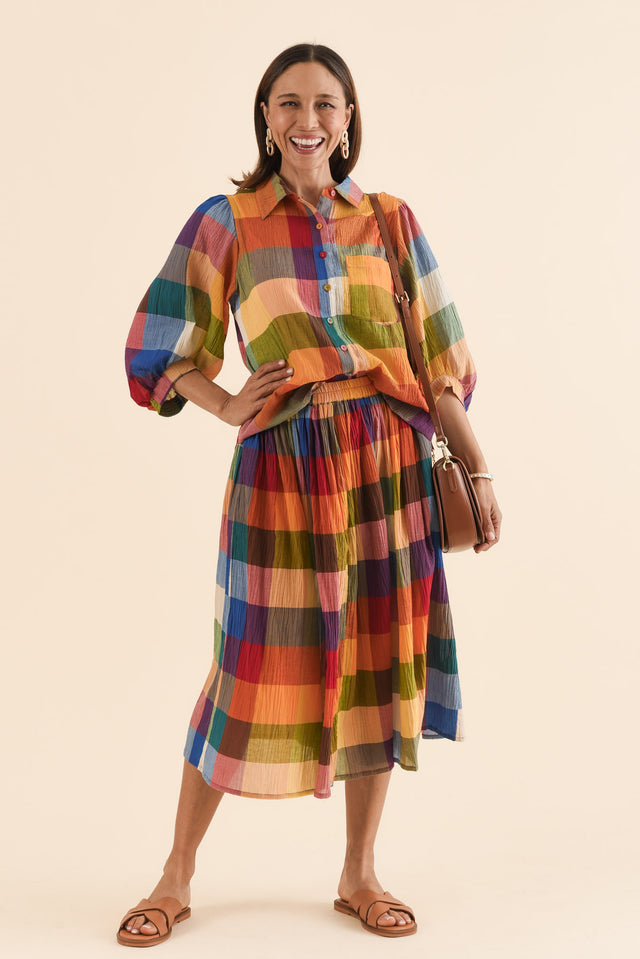 Toby Orange Check Cotton Skirt,Full Body,Brunette model,alt text|model:Cara image 2
