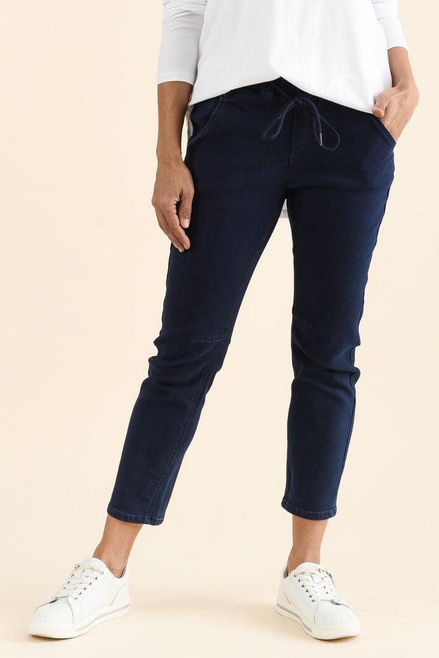 Whistler Navy Cotton Jogger Pants,brunette model,Front of Outfit,alt text|model:Cara