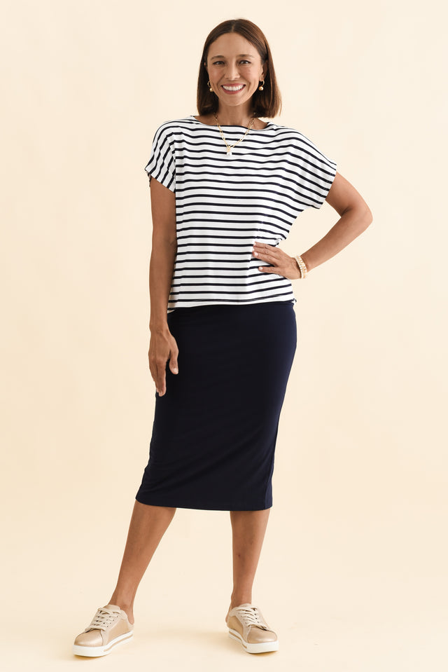 Wilde Navy Stripe Bamboo Box Tee,Brunette model,alt text|model:Cara image 7