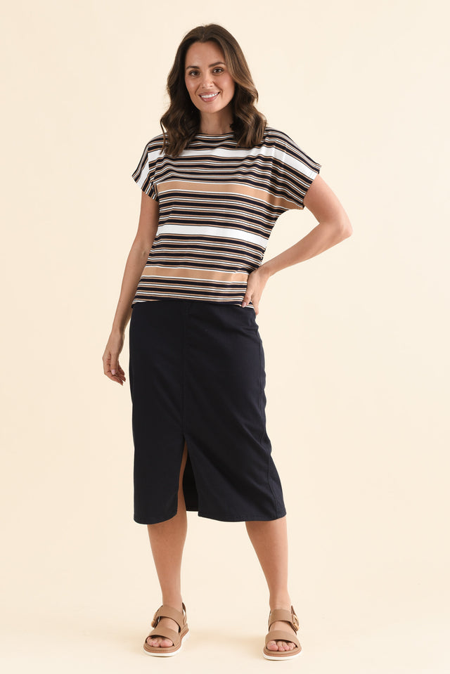 Wilde Tan Stripe Bamboo Box Tee,Full Body,Brunette model,alt text|model:MJ
