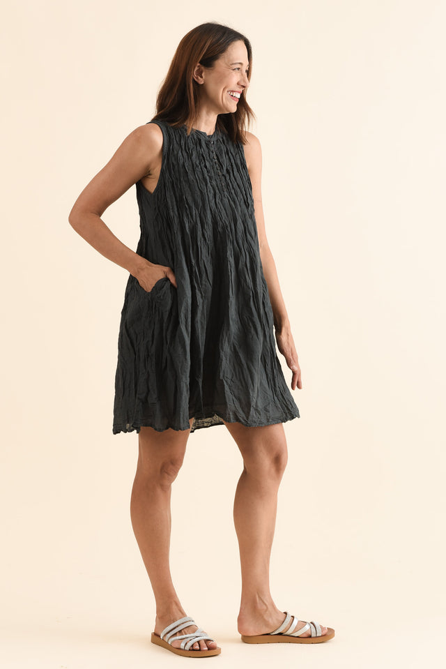 Willa Charcoal Crinkle Cotton Dress,Side,Brunette model,alt text|model:Cara image 3