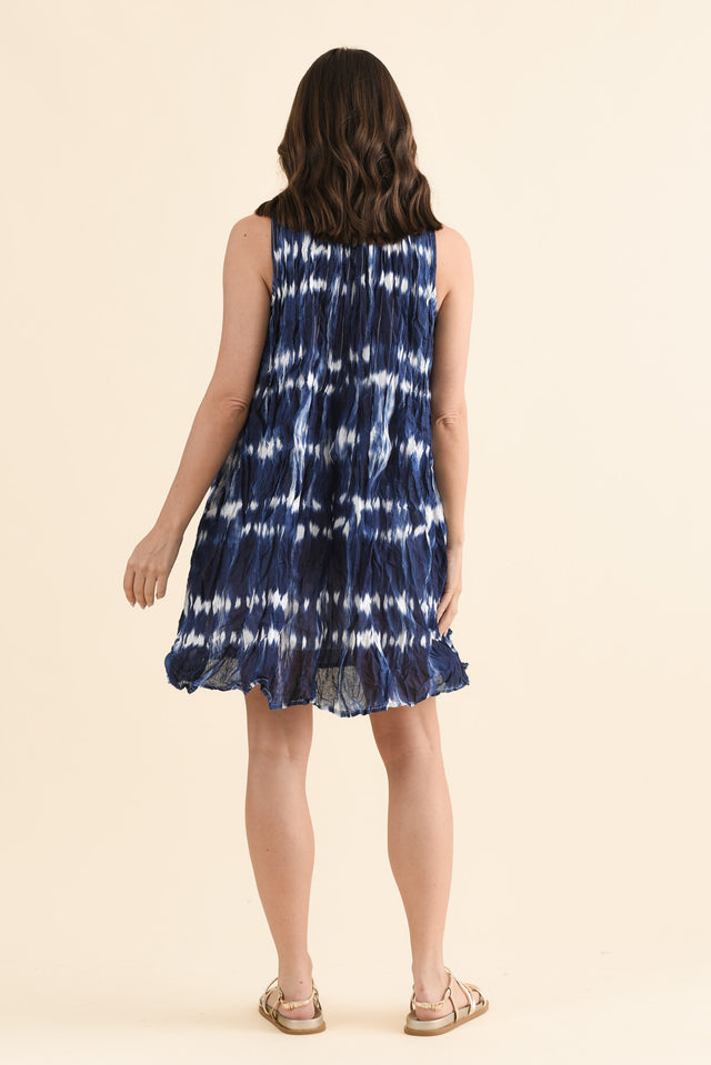 Willa Navy Tie Dye Crinkle Cotton Dress,Back,Brunette model,alt text|model:MJ image 4