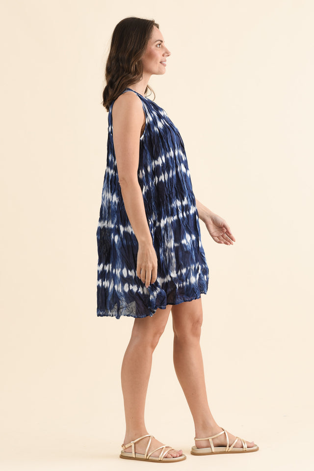 Willa Navy Tie Dye Crinkle Cotton Dress,Side,Brunette model,alt text|model:MJ image 3