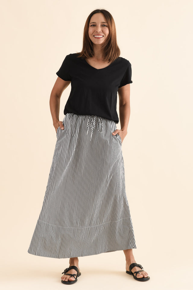 Willow Black Stripe Cotton Maxi Skirt,Full Body,Brunette model,alt text|model:Cara image 6