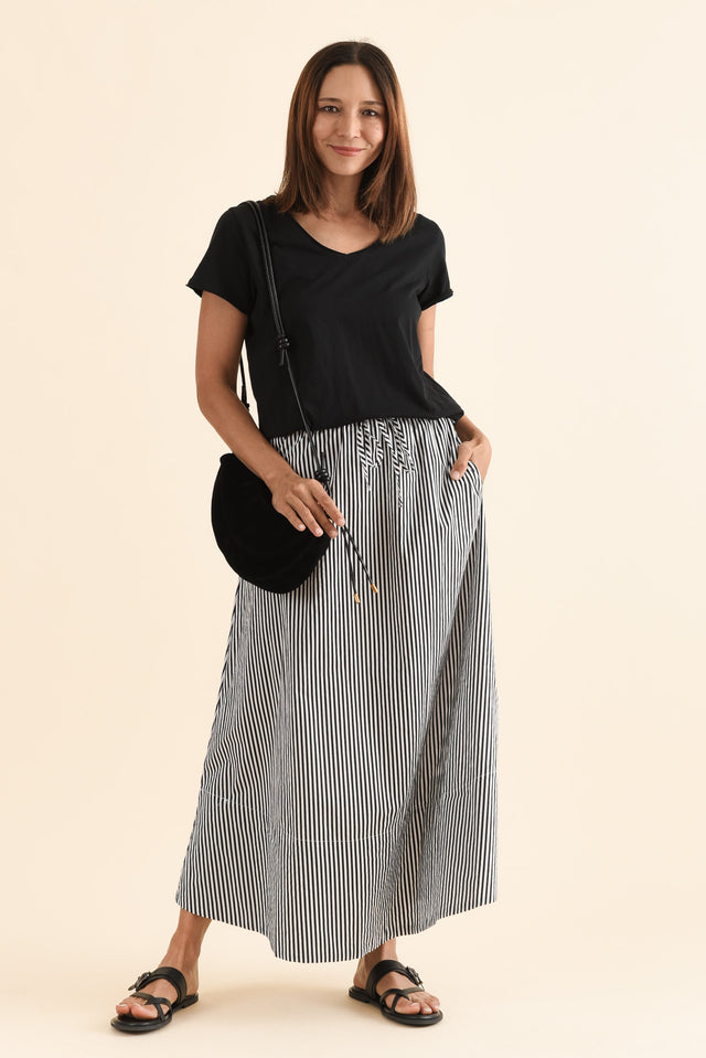 Willow Black Stripe Cotton Maxi Skirt,Full Body,Brunette model,alt text|model:Cara image 2