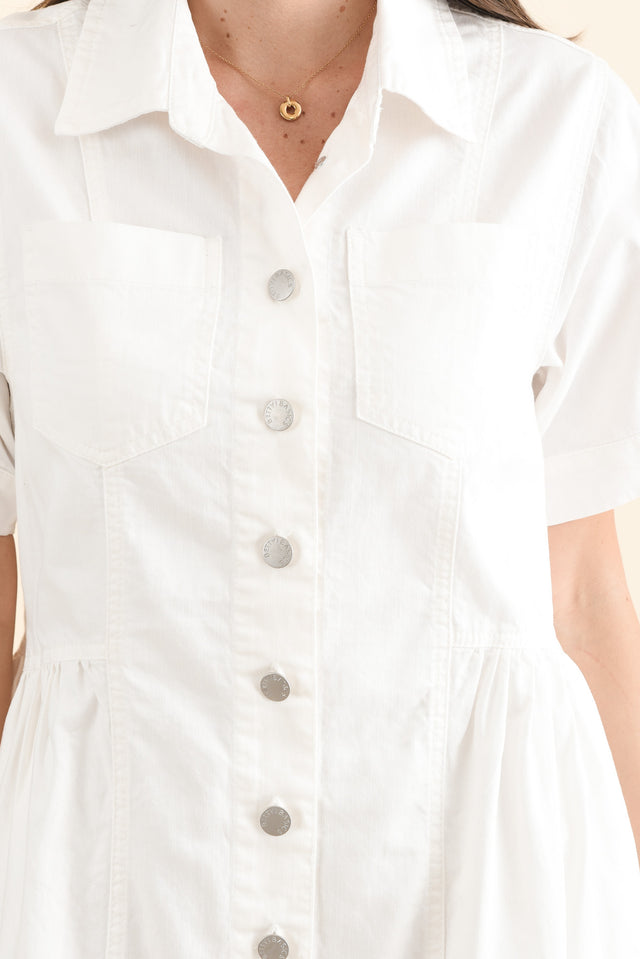 Willow White Denim Shirt Dress,Detail,Brunette model,alt text|model:MJ image 5
