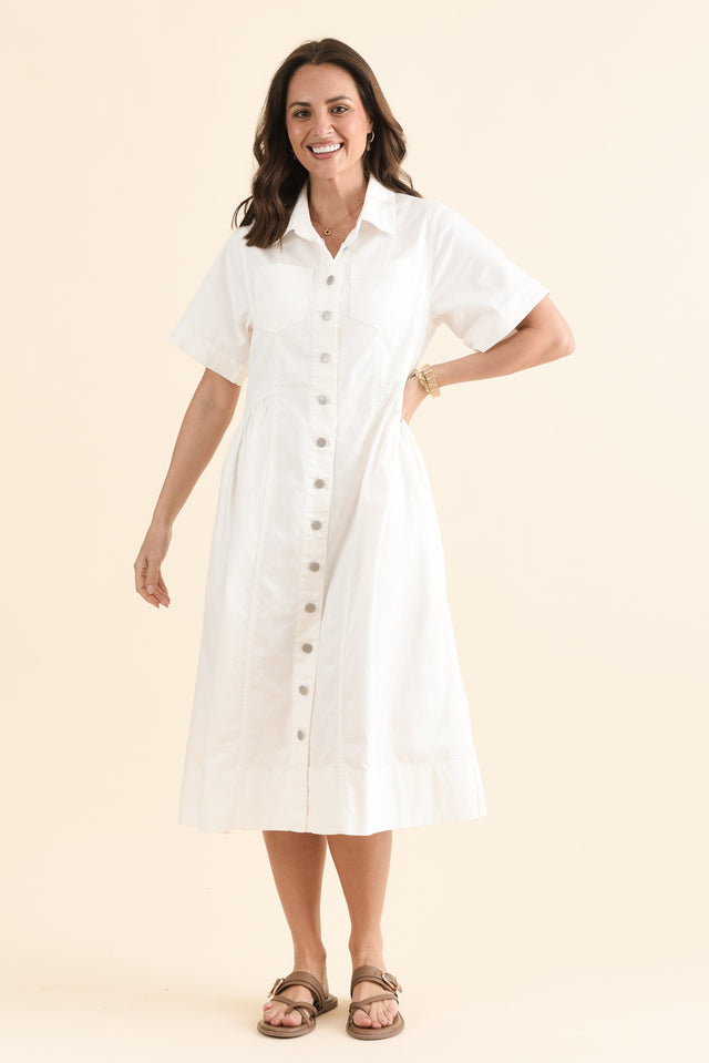 Willow White Denim Shirt Dress,Full Body,Brunette model,alt text|model:MJ image 6