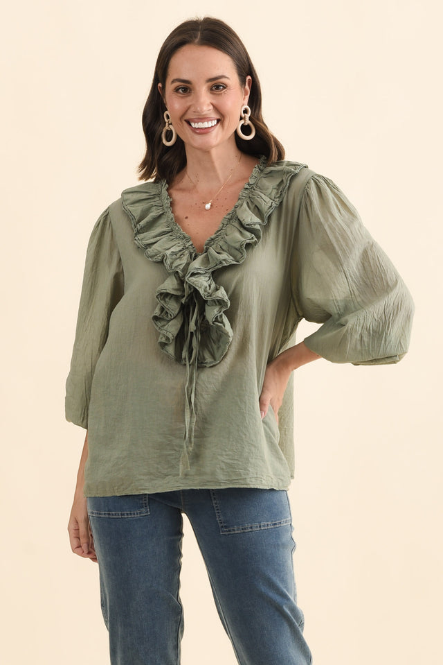 Winifred Khaki Cotton Frill Top