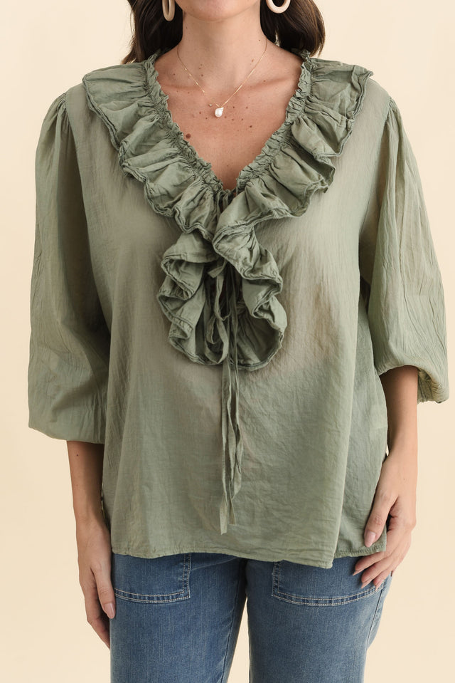 Winifred Khaki Cotton Frill Top image 5