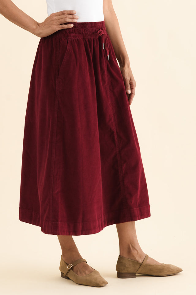 Winnie Burgundy Corduroy Cotton Skirt,Side,Brunette model,alt text|model:Cara image 3