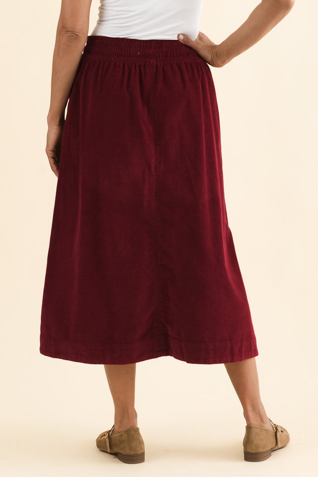 Winnie Burgundy Corduroy Cotton Skirt,Back,Brunette model,alt text|model:Cara image 4