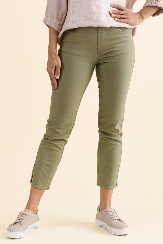 Winslet Khaki 7/8 Pants,brunette model,Front of Outfit,alt text|model:Cara image 1