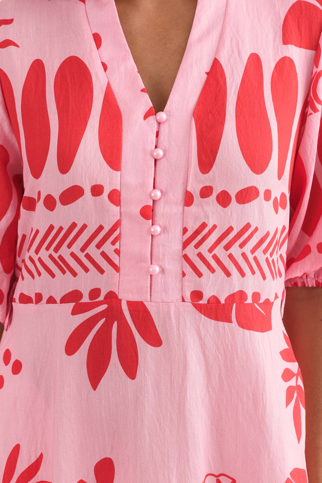 Winsome Pink Tropical Cotton Tie Dress,Detail,Brunette model,alt text|model:Brontie image 5