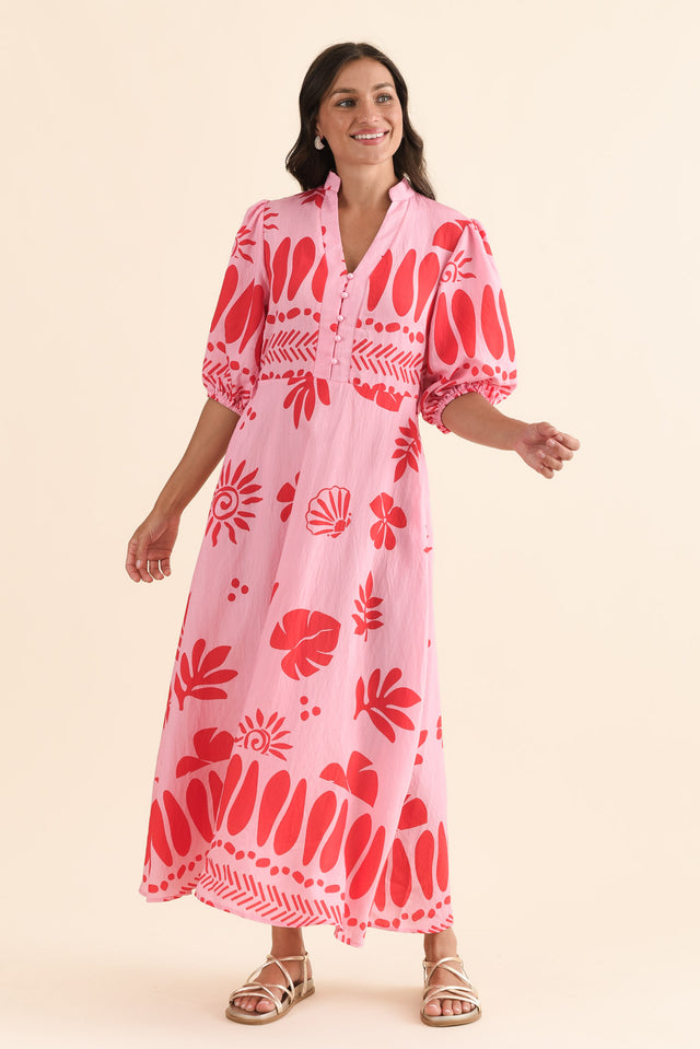 Winsome Pink Tropical Cotton Tie Dress,Full Body,Brunette model,alt text|model:Brontie image 2