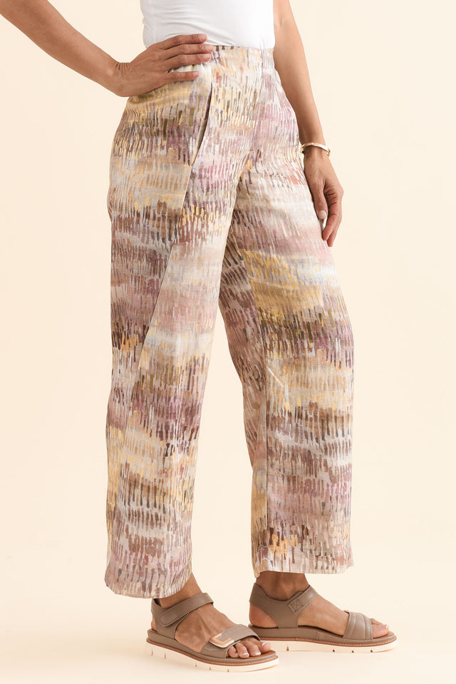 Xandra Yellow Abstract Linen Pocket Pants,Side,Brunette model,alt text|model:Cara image 3