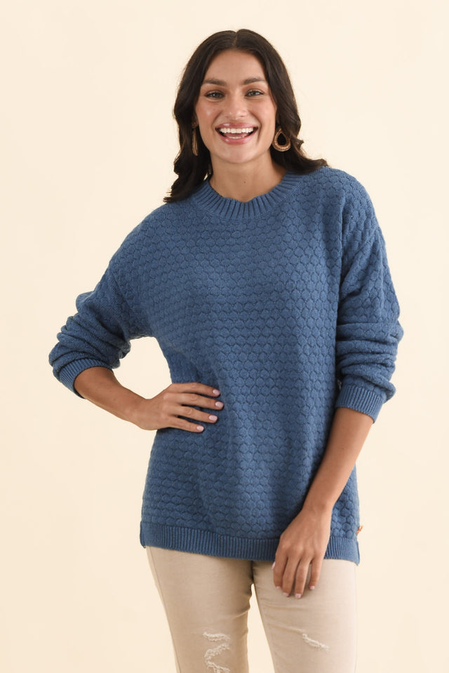 Yanny Blue Organic Cotton Knit Jumper,Brunette model,alt text|model:Brontie image 1