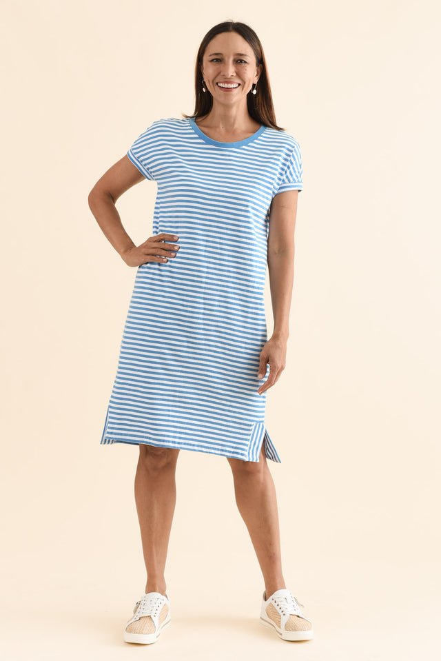 Yarra Blue Stripe Cotton Tee Dress,Full Body,Brunette model,alt text|model:Cara image 2