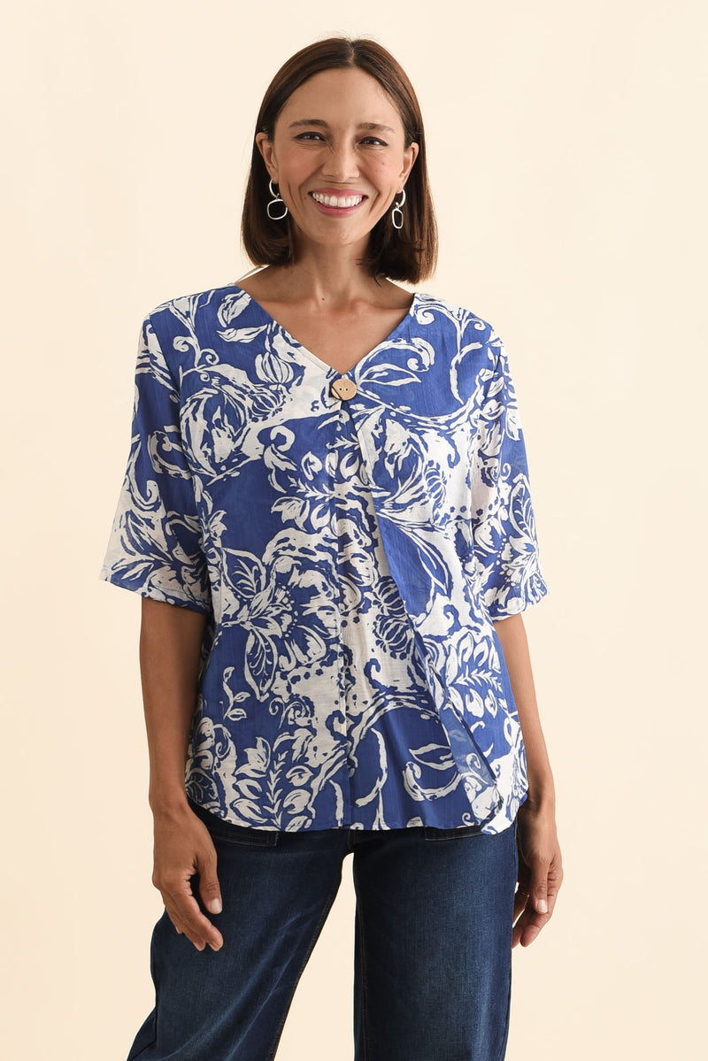 Blue Button Top Yasmin Blue Abstract Layered Button Top - Blue Bungalow AU
