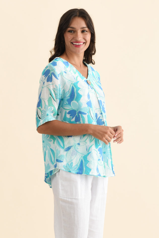 Yasmin Blue Floral Layered Button Top,Brunette model,alt text|model:Brontie image 5