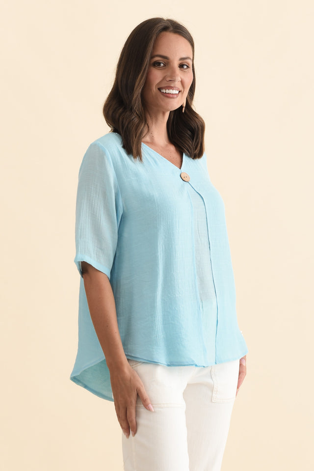 Yasmin Blue Layered Button Top,Brunette model,alt text|model:MJ image 4
