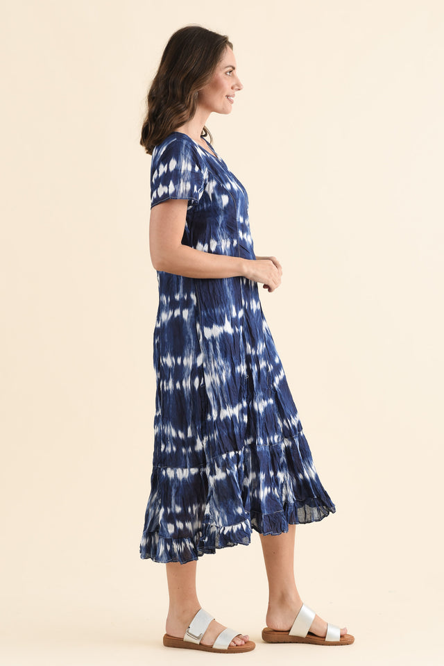 Yuki Navy Tie Dye Crinkle Cotton Dress,Side,Brunette model,alt text|model:MJ image 3