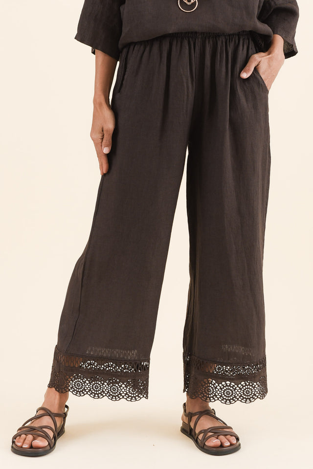 Yukon Chocolate Linen Embroidered Pants,Front,Brunette model,alt text|model:Cara image 1