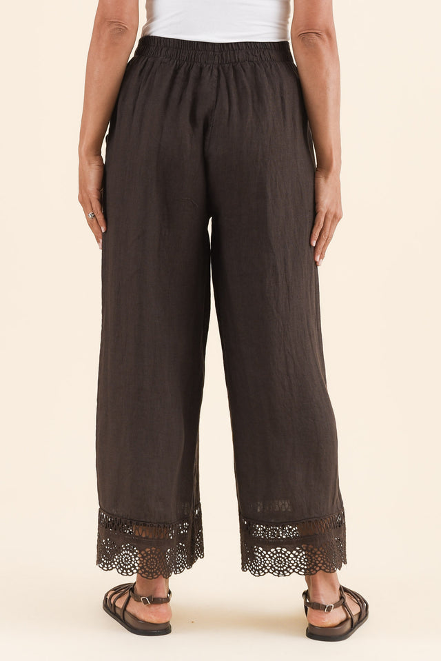 Yukon Chocolate Linen Embroidered Pants,Back,Brunette model,alt text|model:Cara image 4