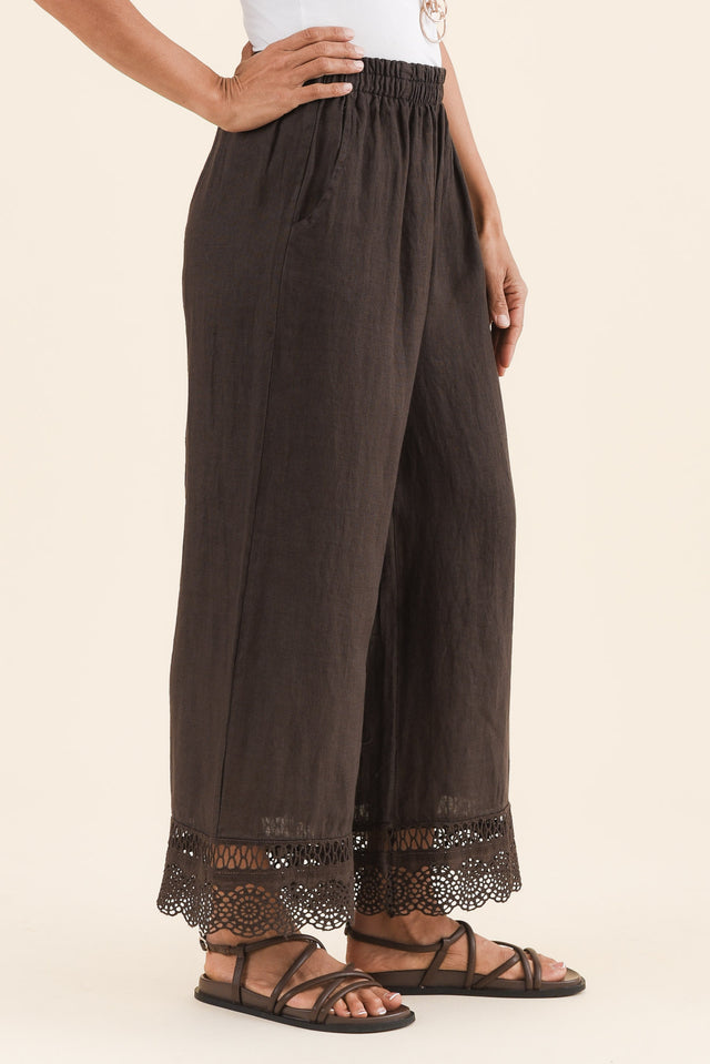Yukon Chocolate Linen Embroidered Pants,Side,Brunette model,alt text|model:Cara image 3