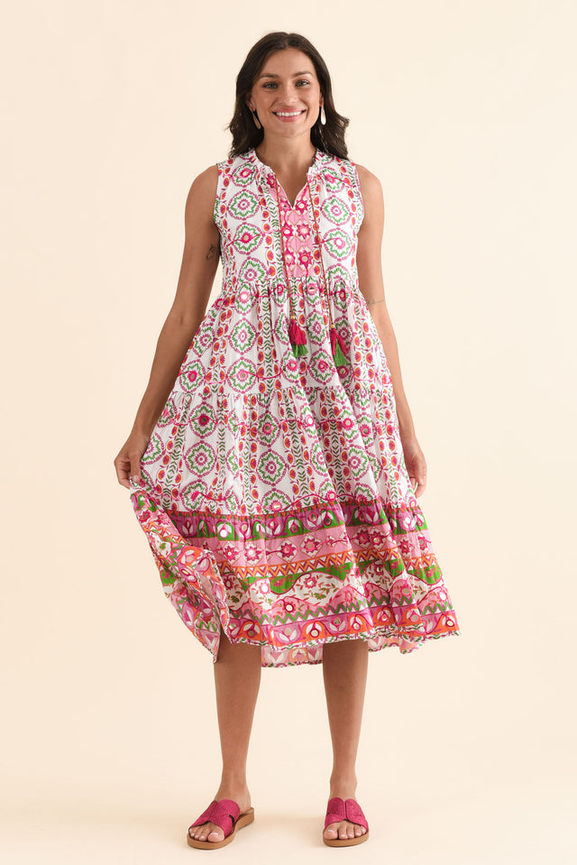 Zackary Pink Mosaic Cotton Sleeveless Dress,Full Body,Brunette model,alt text|model:Brontie image 6