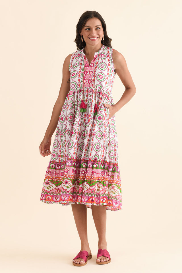 Zackary Pink Mosaic Cotton Sleeveless Dress,Full Body,Brunette model,alt text|model:Brontie image 2