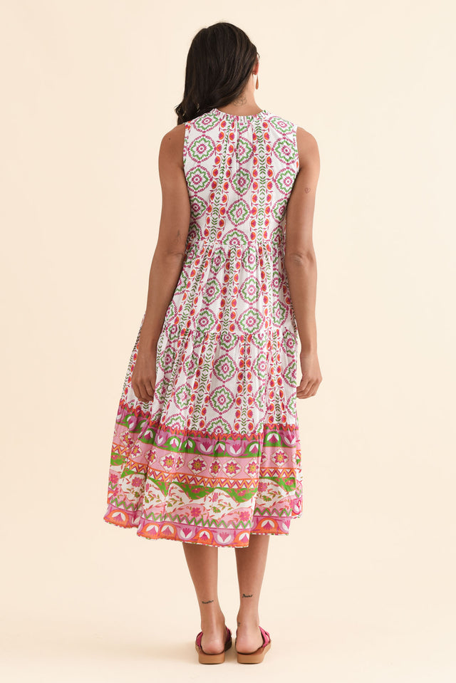 Zackary Pink Mosaic Cotton Sleeveless Dress,Back,Brunette model,alt text|model:Brontie image 4