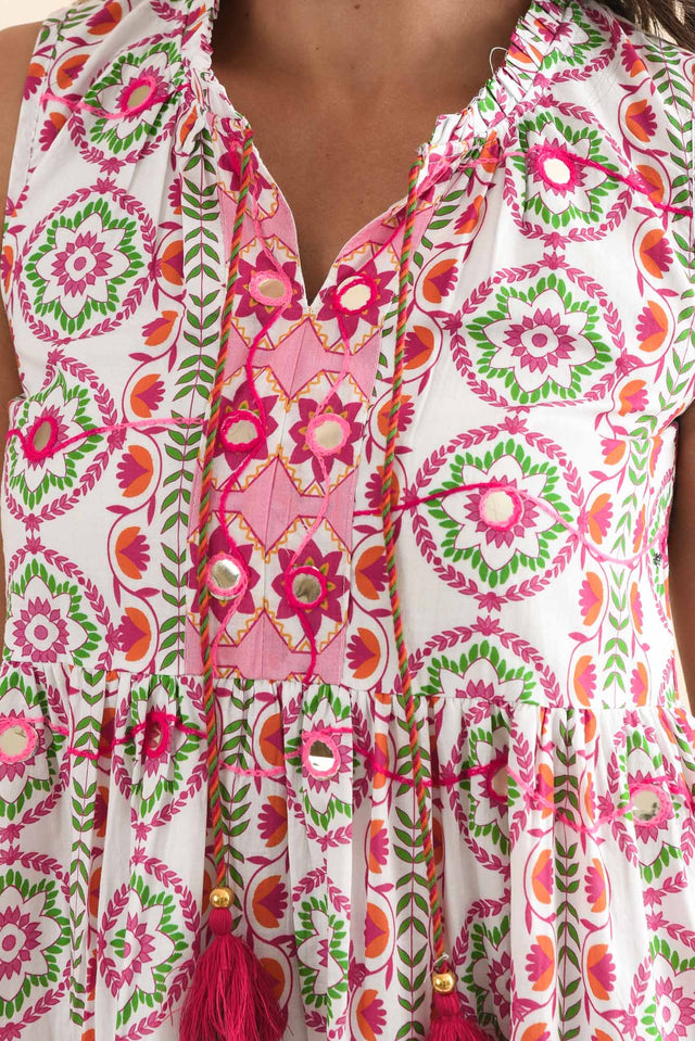 Zackary Pink Mosaic Cotton Sleeveless Dress,Detail,Brunette model,alt text|model:Brontie image 5