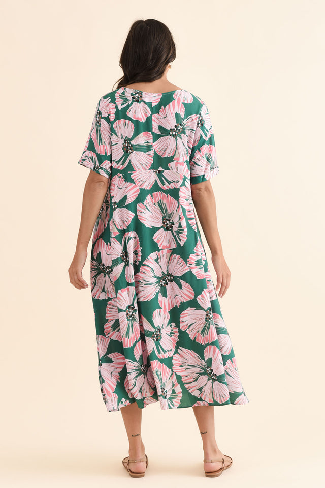 Zaelia Green Floral Crescent Dress,Back,Brunette model,alt text|model:Brontie image 4