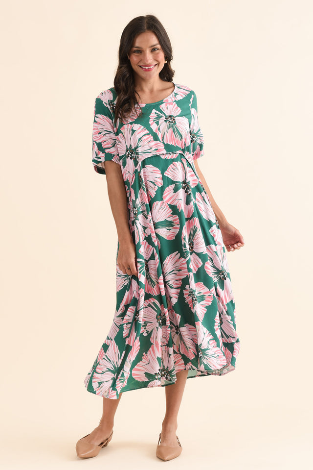 Zaelia Green Floral Crescent Dress,Full Body,Brunette model,alt text|model:Brontie image 2