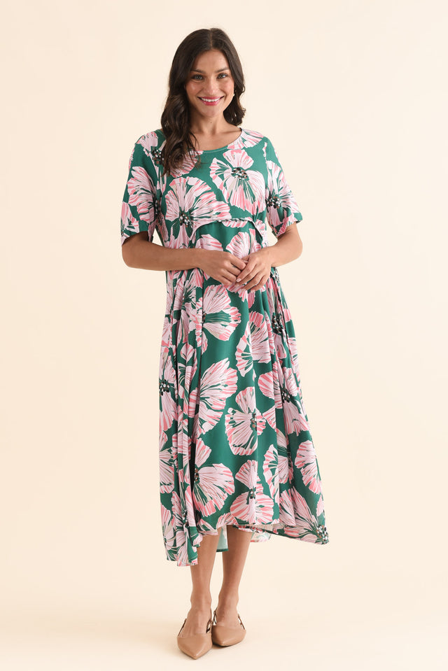 Zaelia Green Floral Crescent Dress,Full Body,Brunette model,alt text|model:Brontie image 6