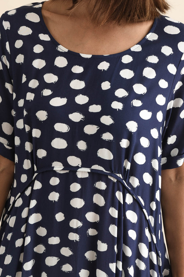 Zaelia Navy Spot Crescent Dress,Detail,Brunette model,alt text|model:Cara image 6