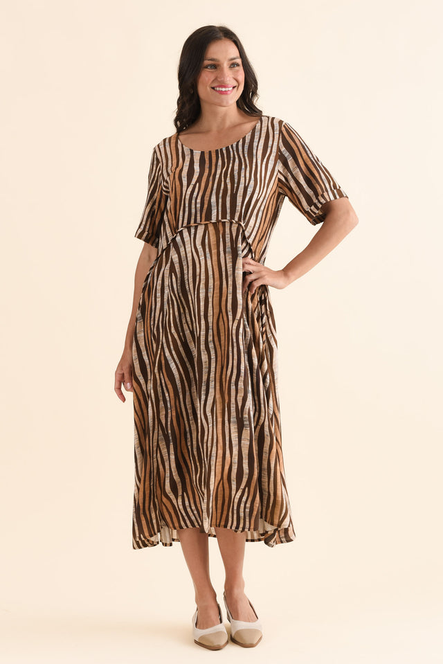 Zaelia Tan Zebra Crescent Dress,Front,Brunette model,alt text|model:Brontie image 1