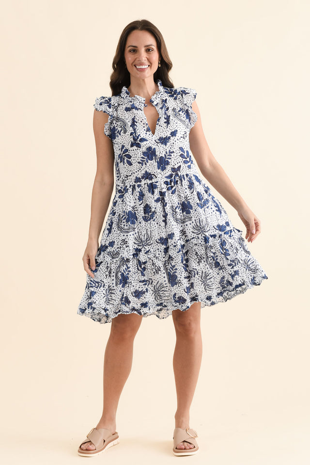 Zeplin Blue Garden Cotton Frill Dress,Full Body,Brunette model,alt text|model:MJ image 6