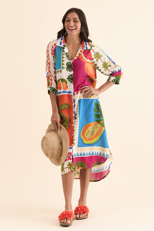 Zinnia Blue Tropical Shirt Dress,Front,Brunette model,alt text|model:Brontie image 1
