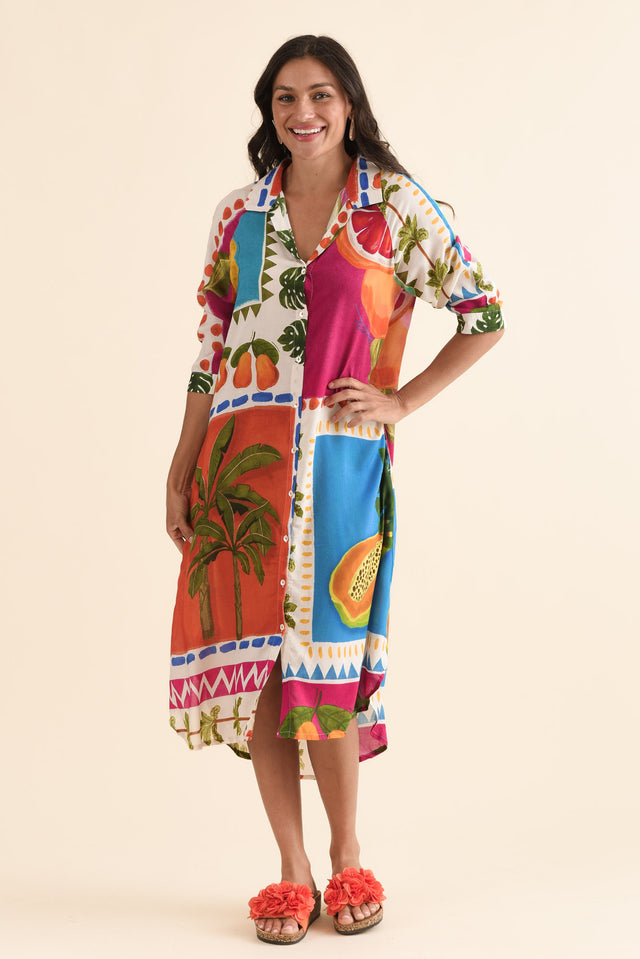 Zinnia Blue Tropical Shirt Dress,Full Body,Brunette model,alt text|model:Brontie image 2